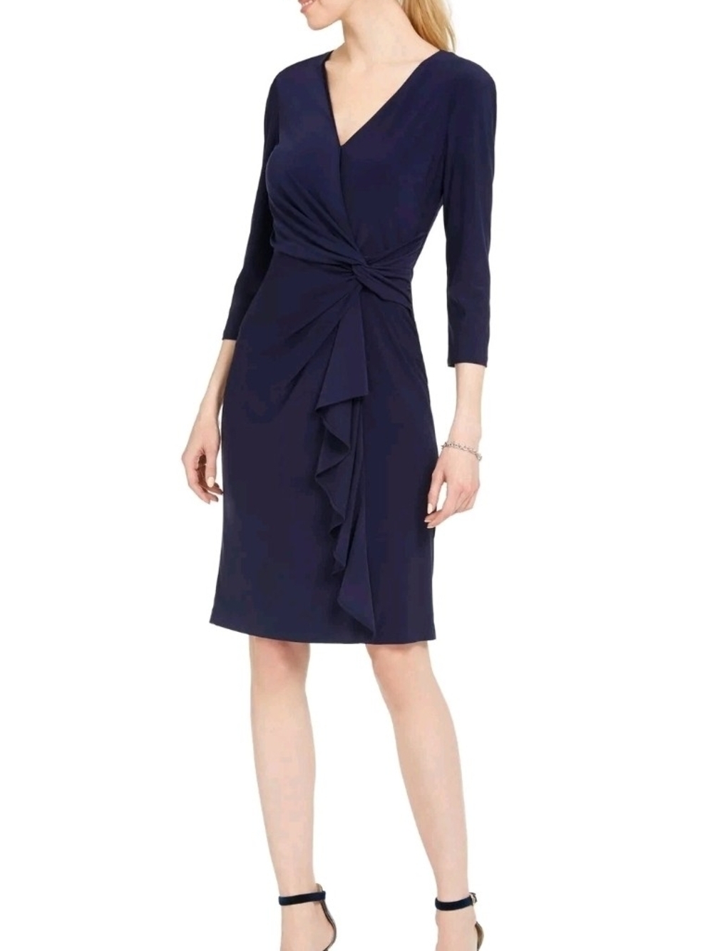 Jessica Howard Navy Knot-Front Midi Sheath Dress 3/4 Sleeves (233B5)